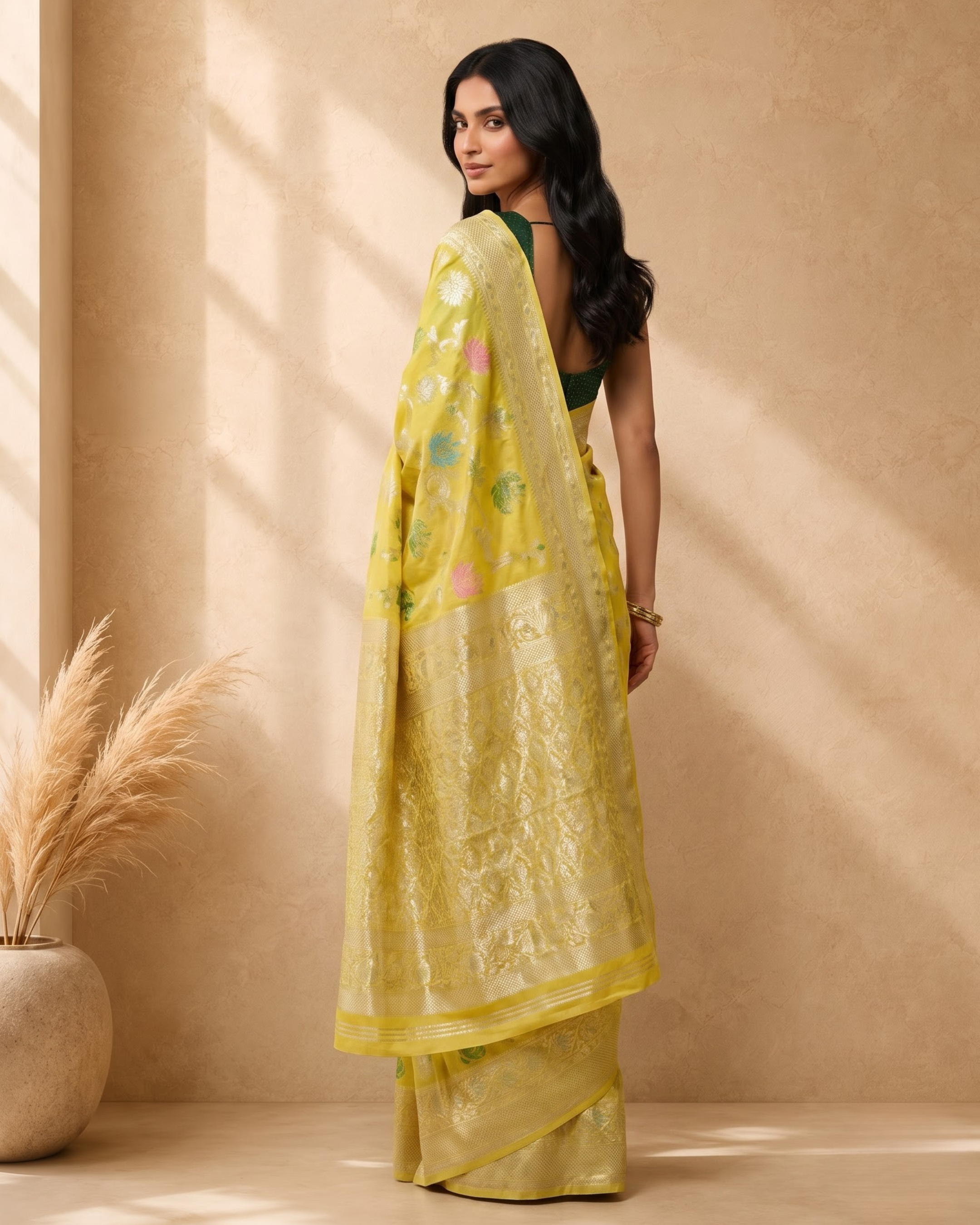 Yellow Cotton Blend Floral Woven Design Saree with Gold Zari Border