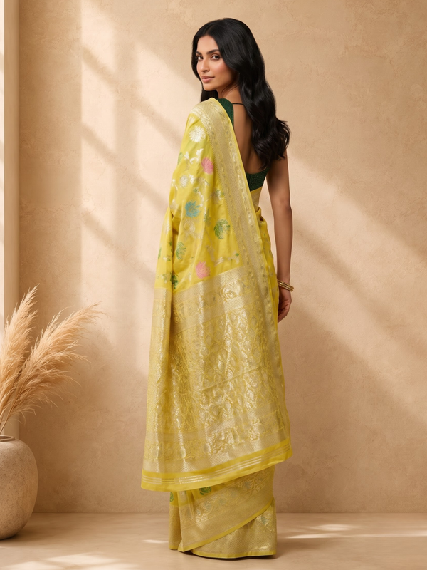 Yellow Cotton Blend Floral Woven Design Saree with Gold Zari Border