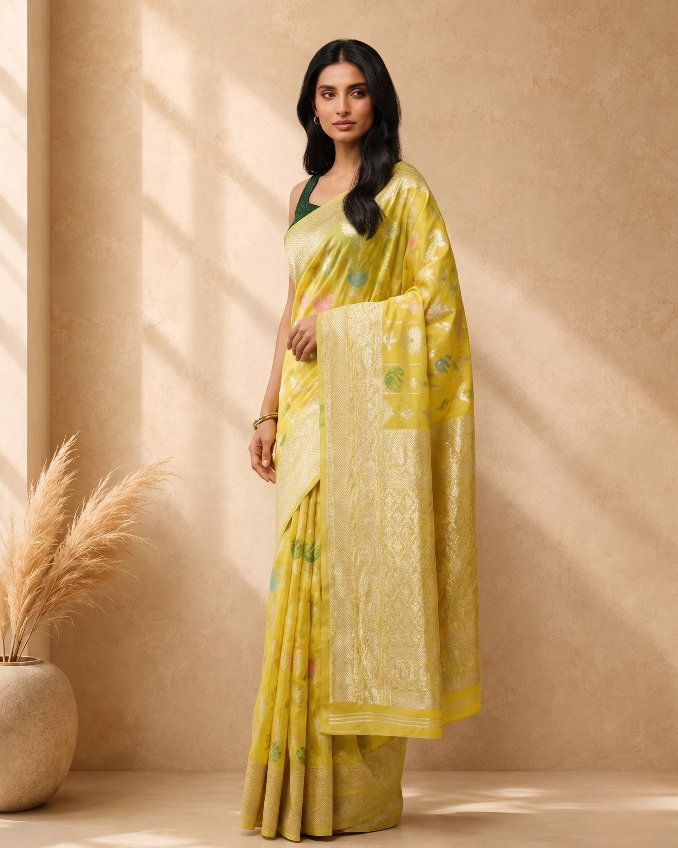 Yellow Cotton Blend Floral Woven Design Saree with Gold Zari Border
