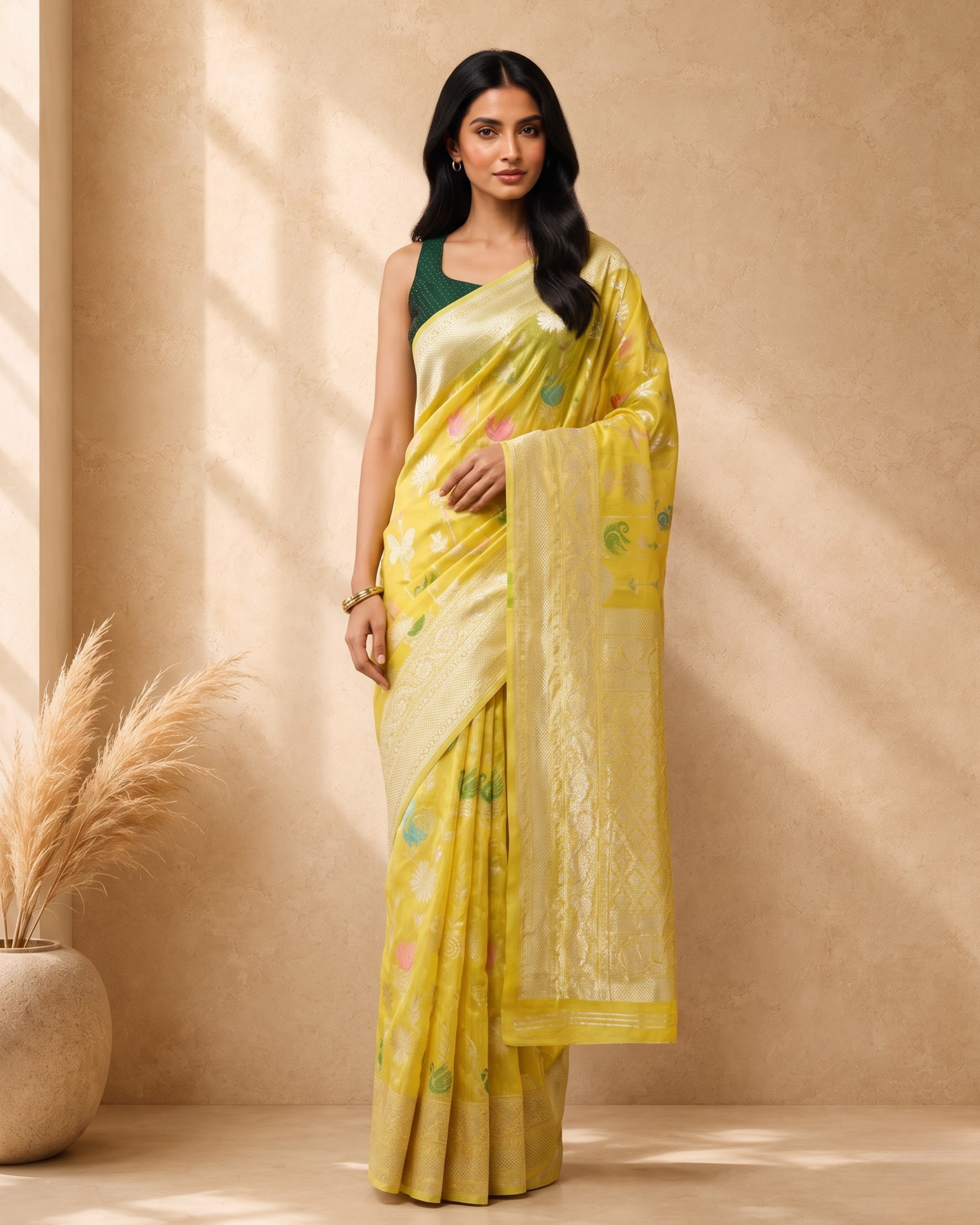 Yellow Cotton Blend Floral Woven Design Saree with Gold Zari Border