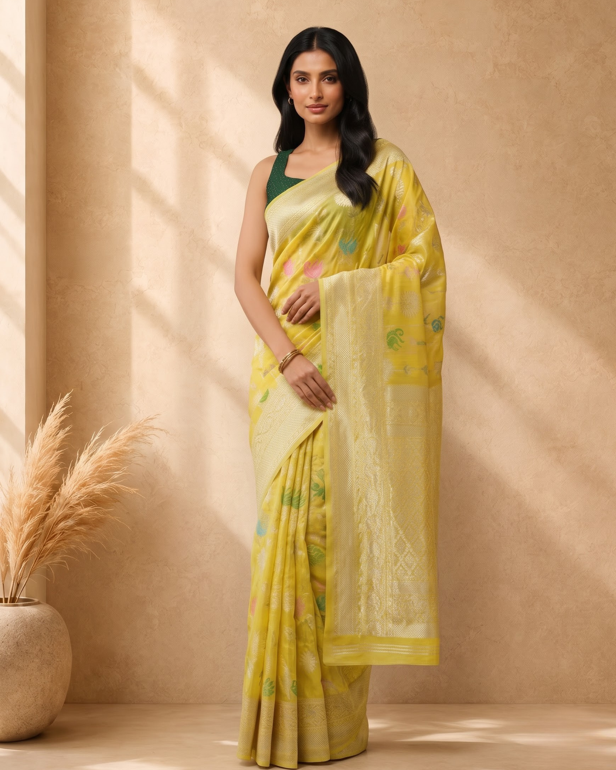Yellow Cotton Blend Floral Woven Design Saree with Gold Zari Border