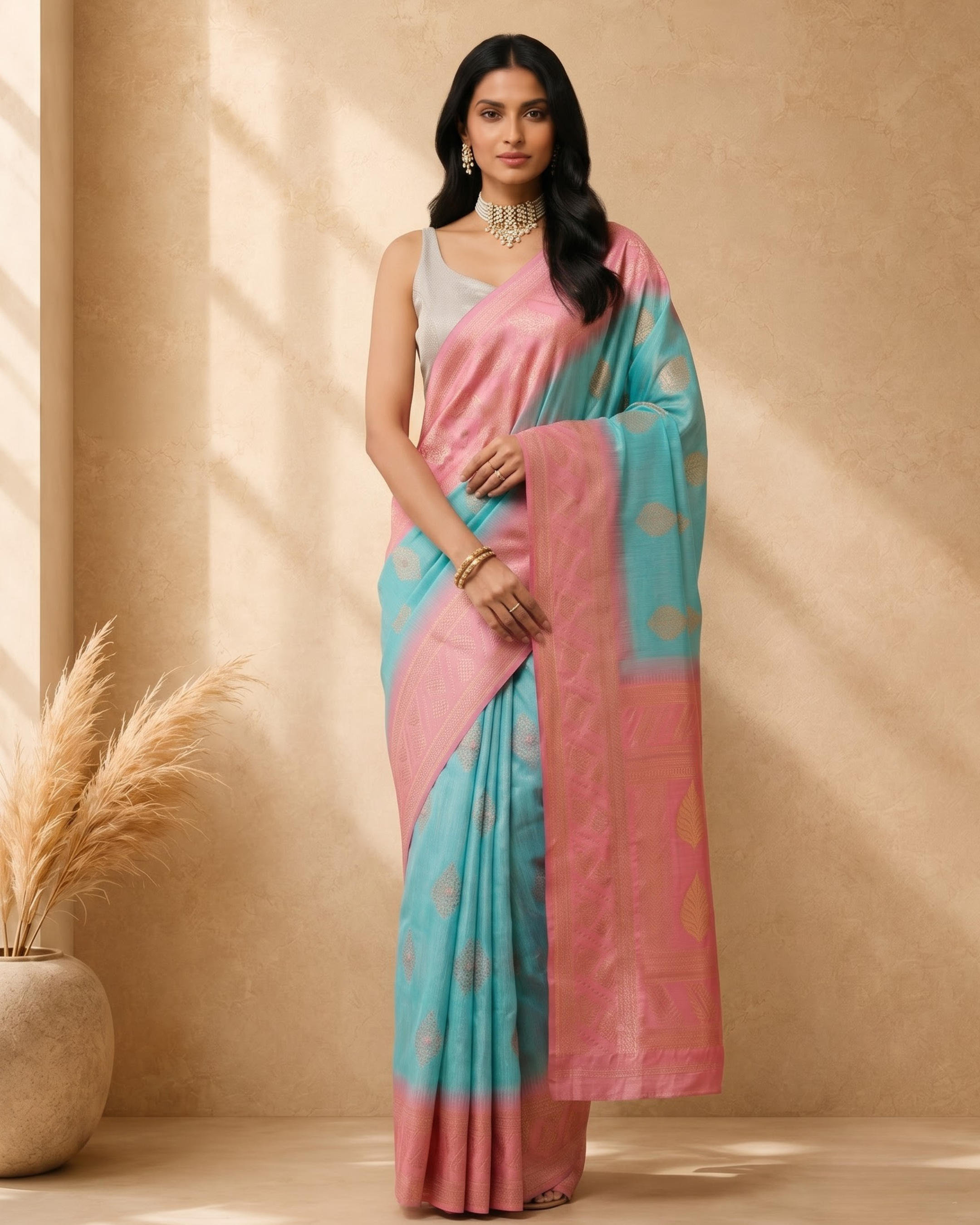 Blue Pure Cotton Ethnic Woven Design Saree with Gold Zari Border