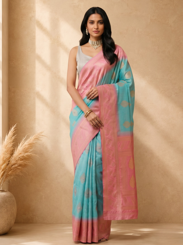 Blue Pure Cotton Ethnic Woven Design Saree with Gold Zari Border
