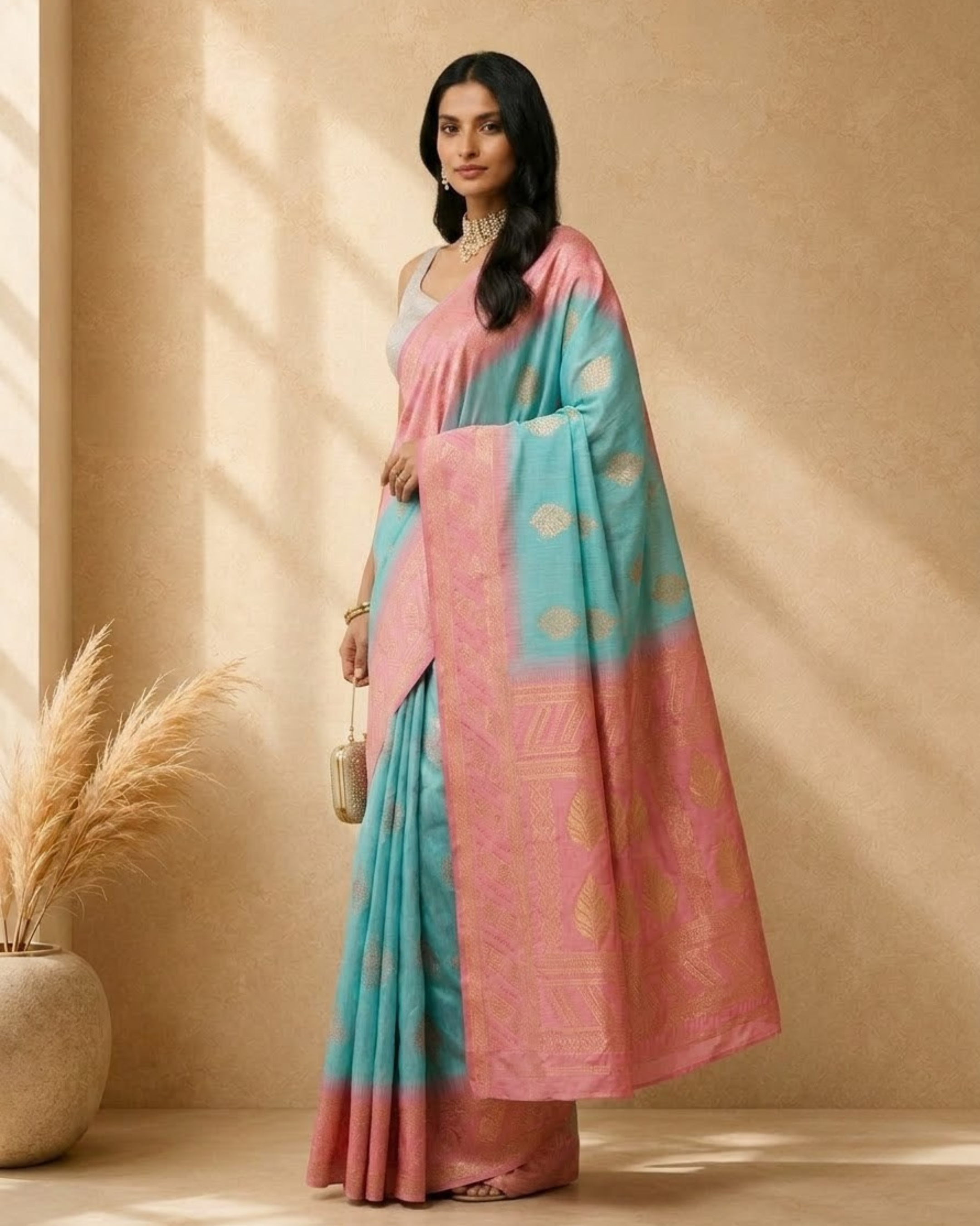 Blue Pure Cotton Ethnic Woven Design Saree with Gold Zari Border