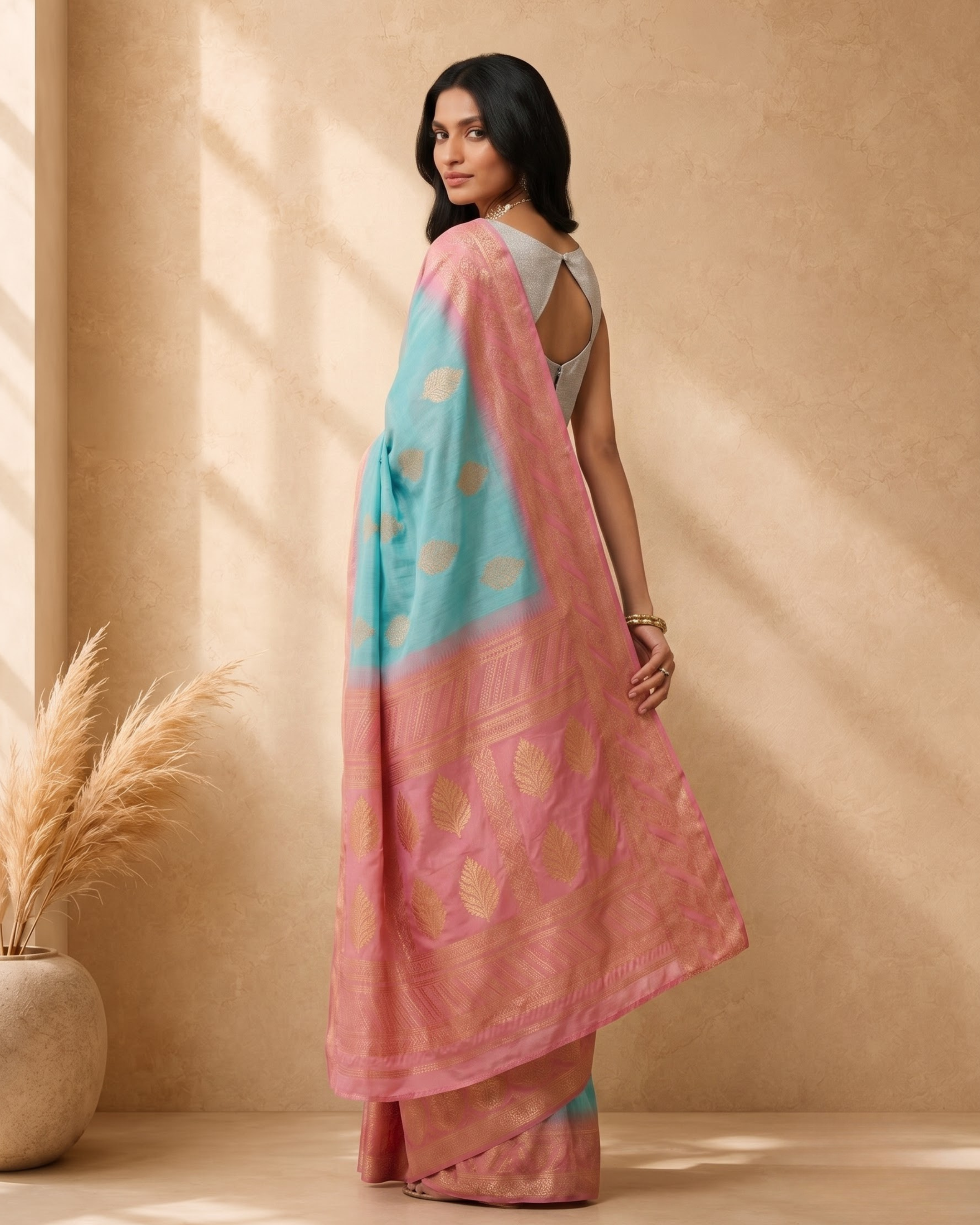 Blue Pure Cotton Ethnic Woven Design Saree with Gold Zari Border
