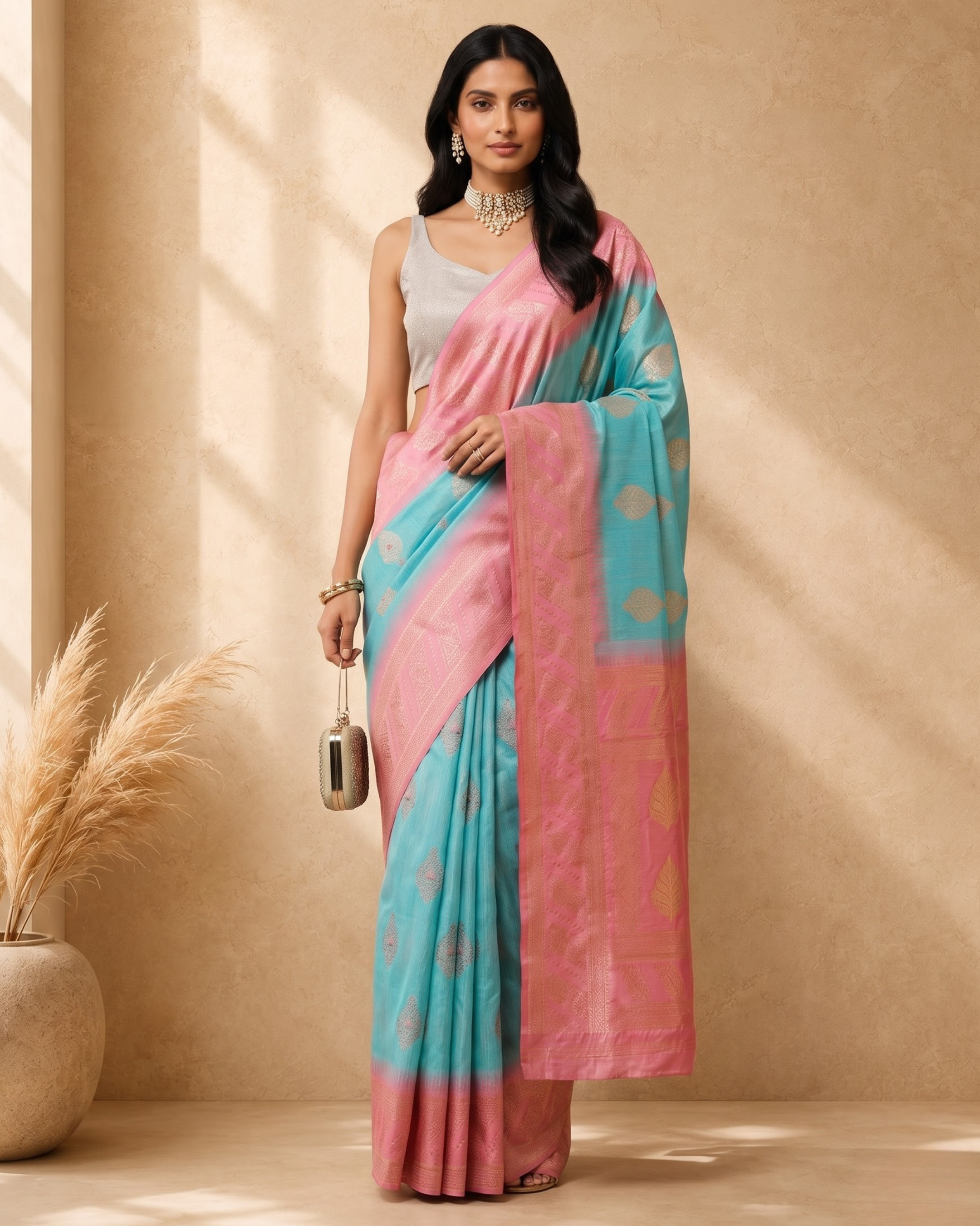 Blue Pure Cotton Ethnic Woven Design Saree with Gold Zari Border