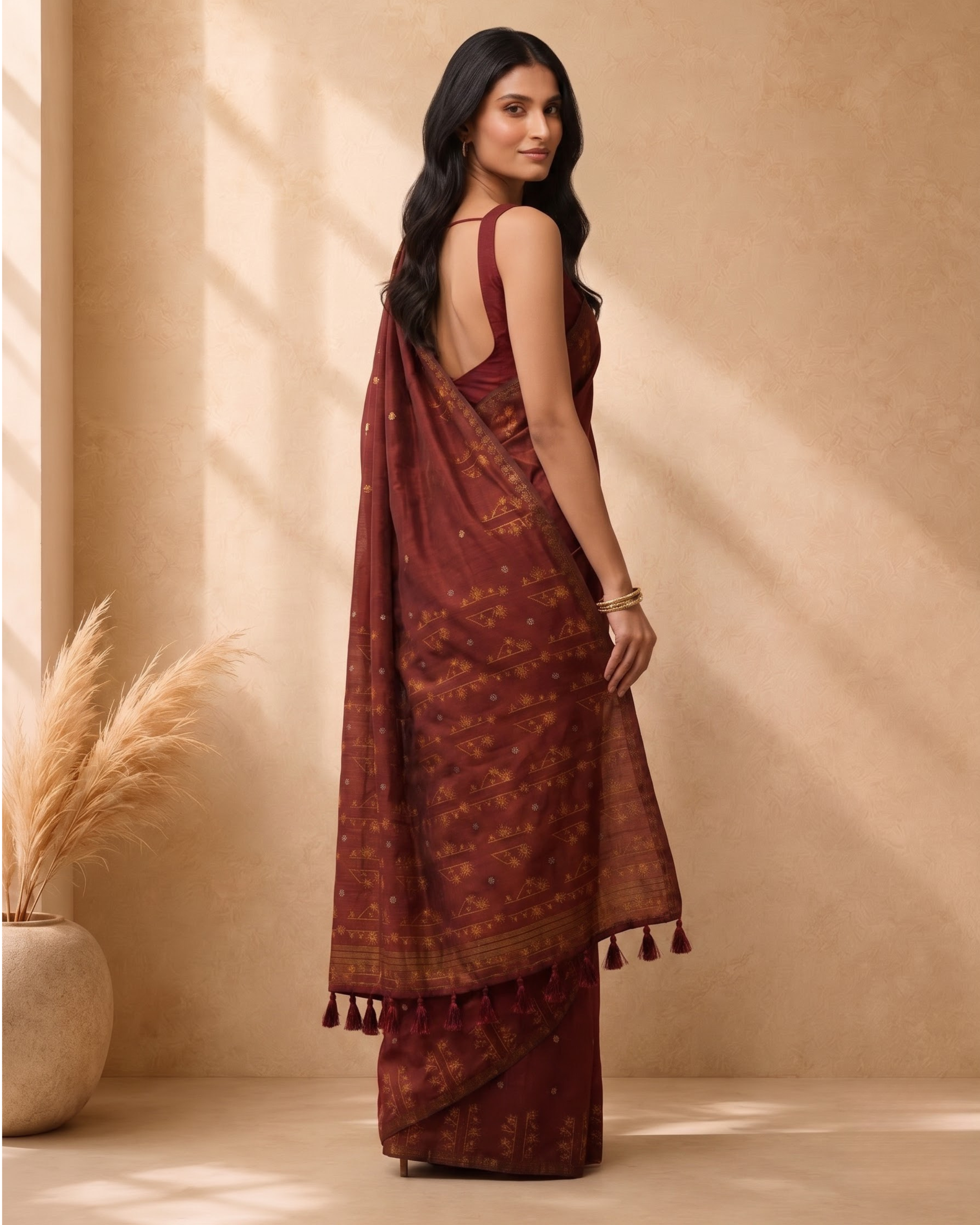Maroon Cotton Blend Ethnic Woven Design Saree with Sequinned