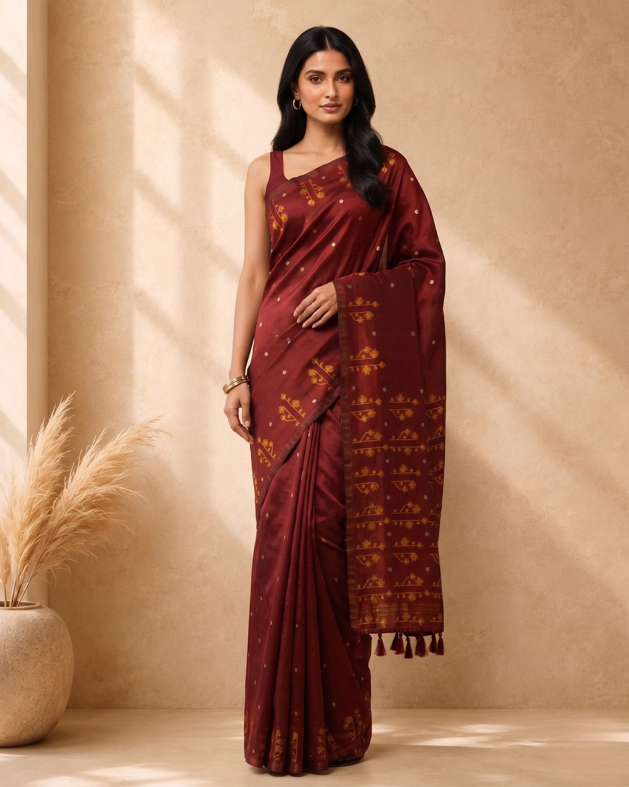 Maroon Cotton Blend Ethnic Woven Design Saree with Sequinned
