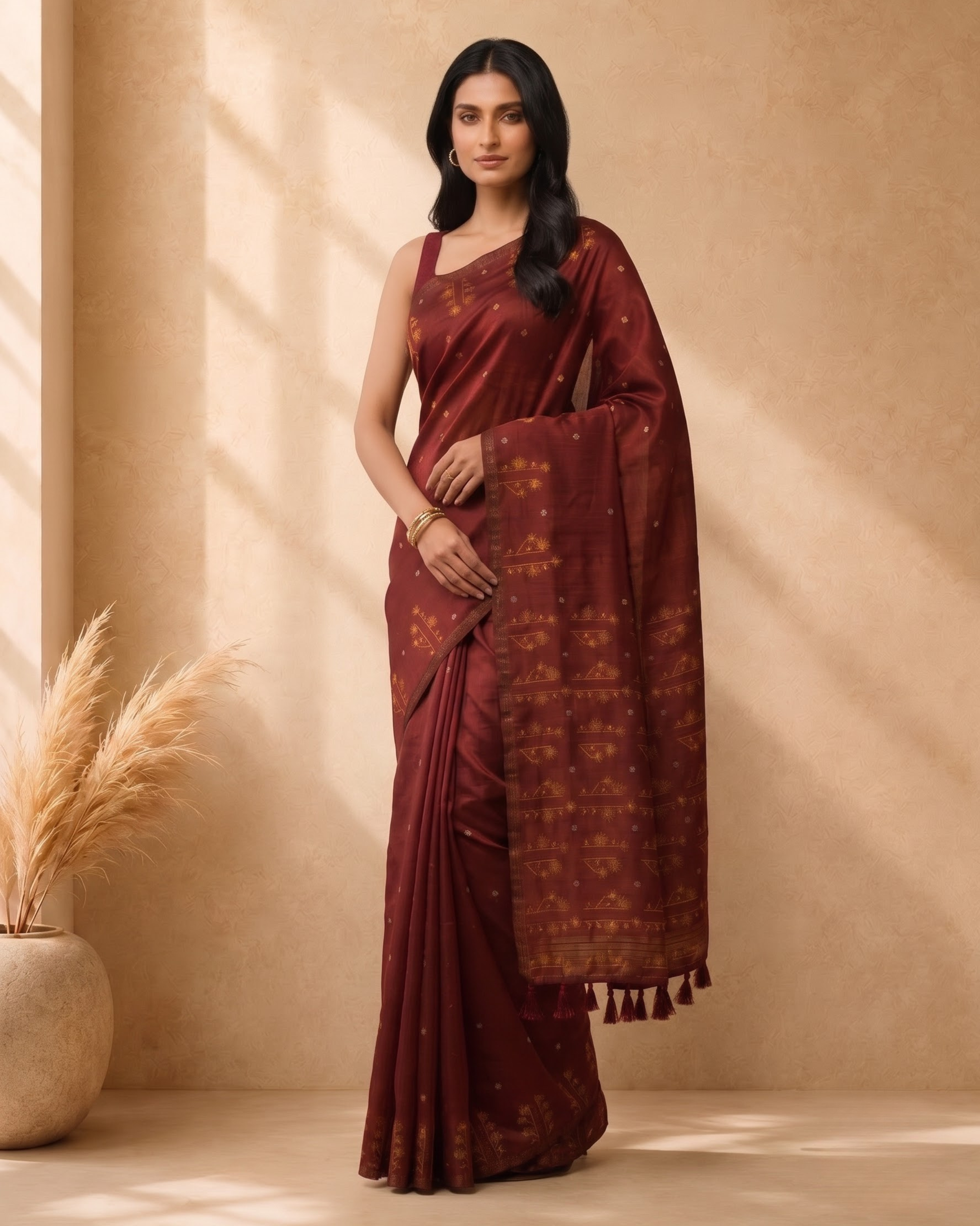 Maroon Cotton Blend Ethnic Woven Design Saree with Sequinned
