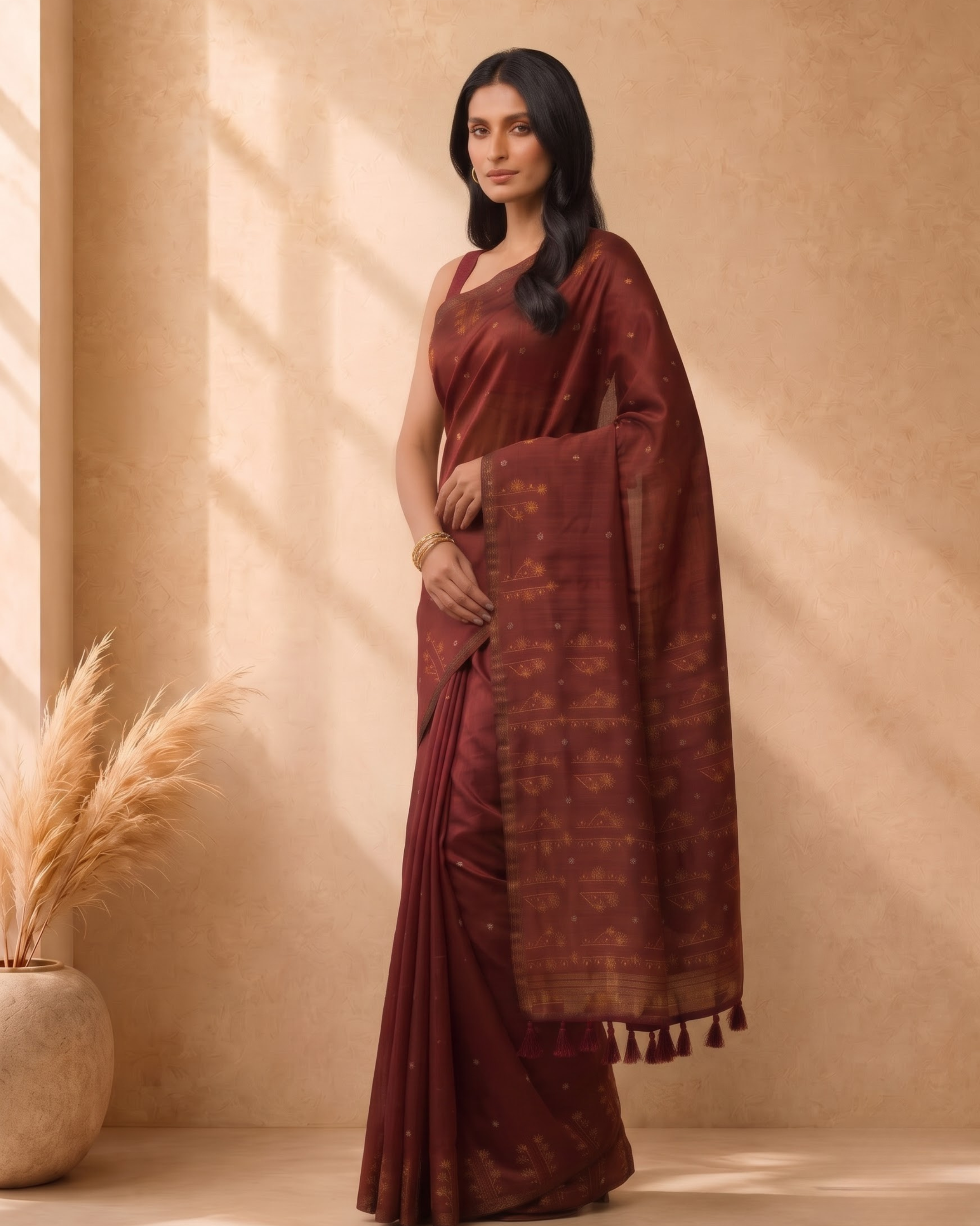 Maroon Cotton Blend Ethnic Woven Design Saree with Sequinned