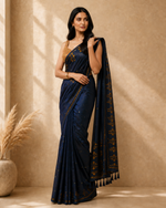 Navy Blue Cotton Blend Ethnic Woven Design Saree with Sequinned