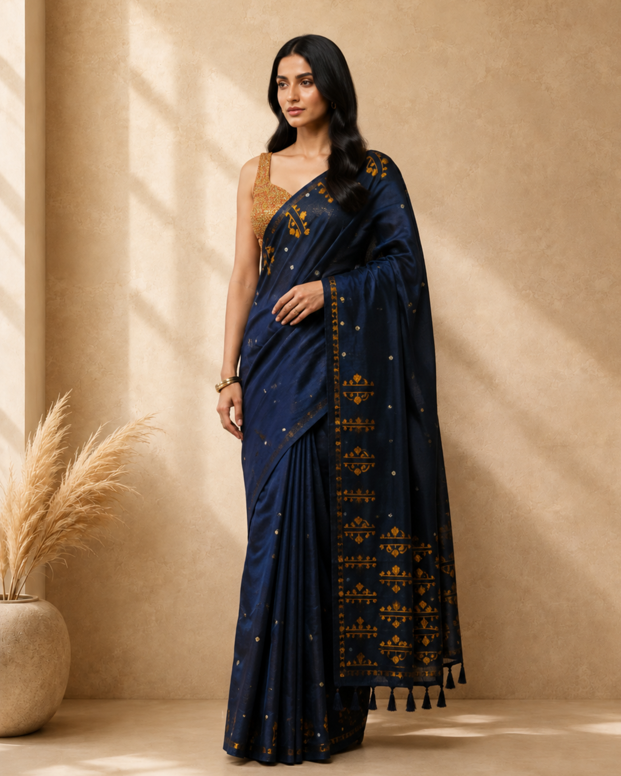 Navy Blue Cotton Blend Ethnic Woven Design Saree with Sequinned