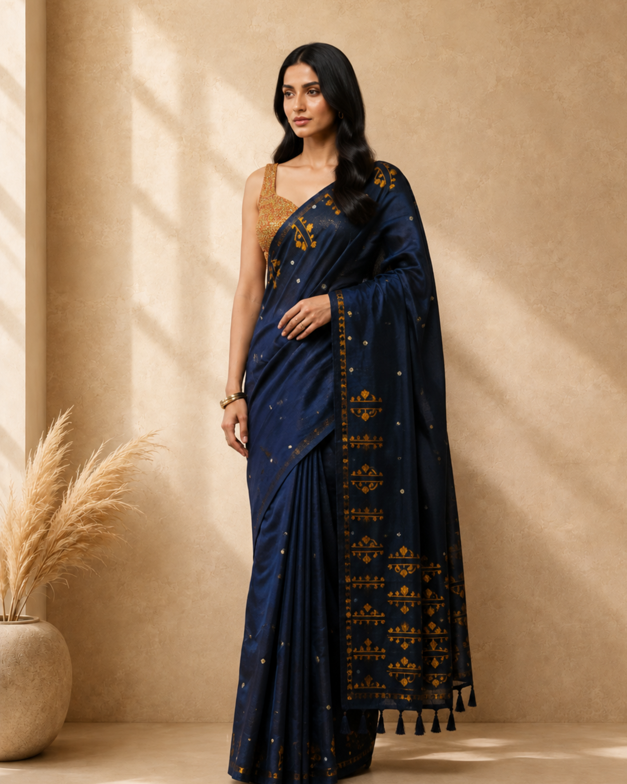 Navy Blue Cotton Blend Ethnic Woven Design Saree with Sequinned
