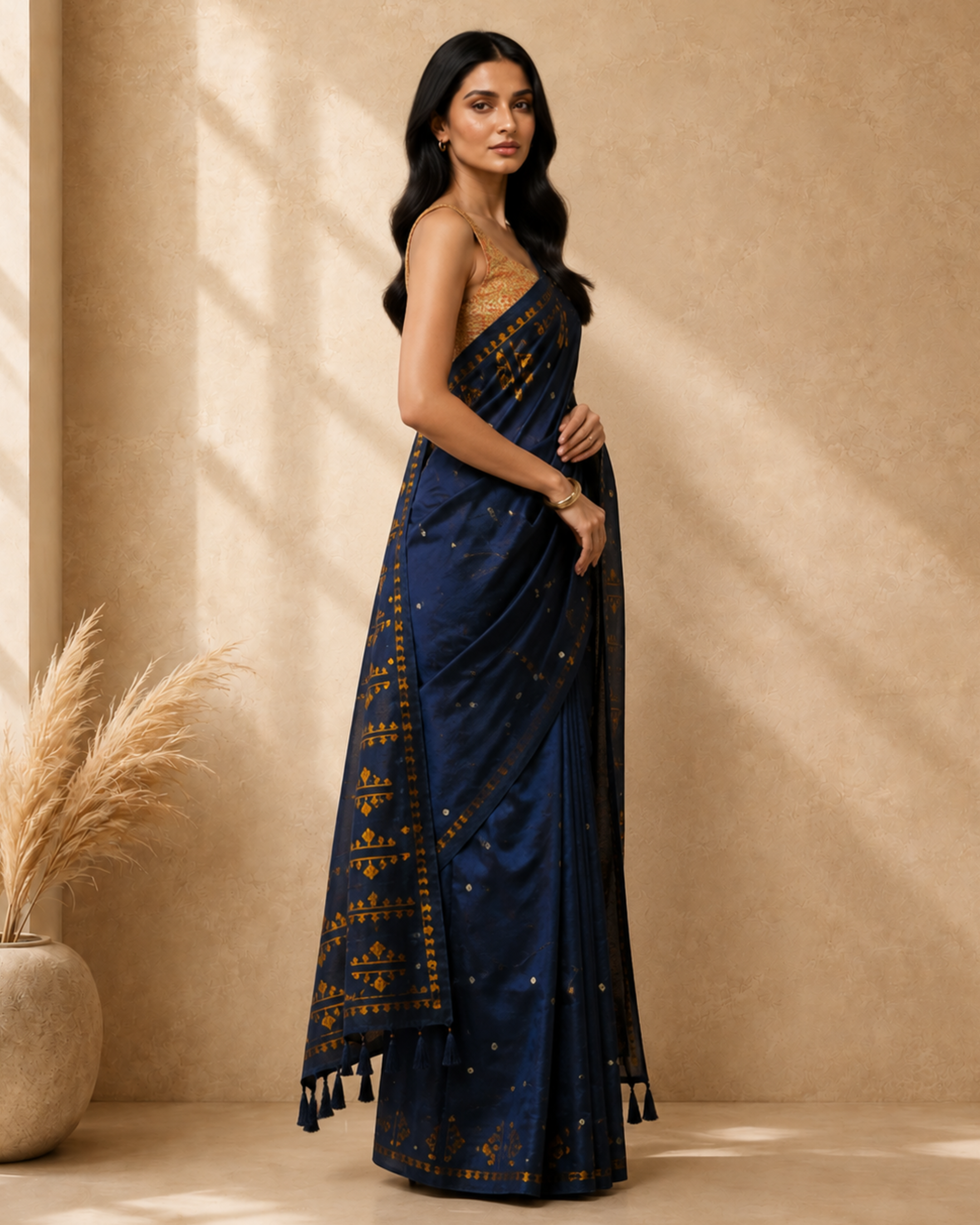 Navy Blue Cotton Blend Ethnic Woven Design Saree with Sequinned