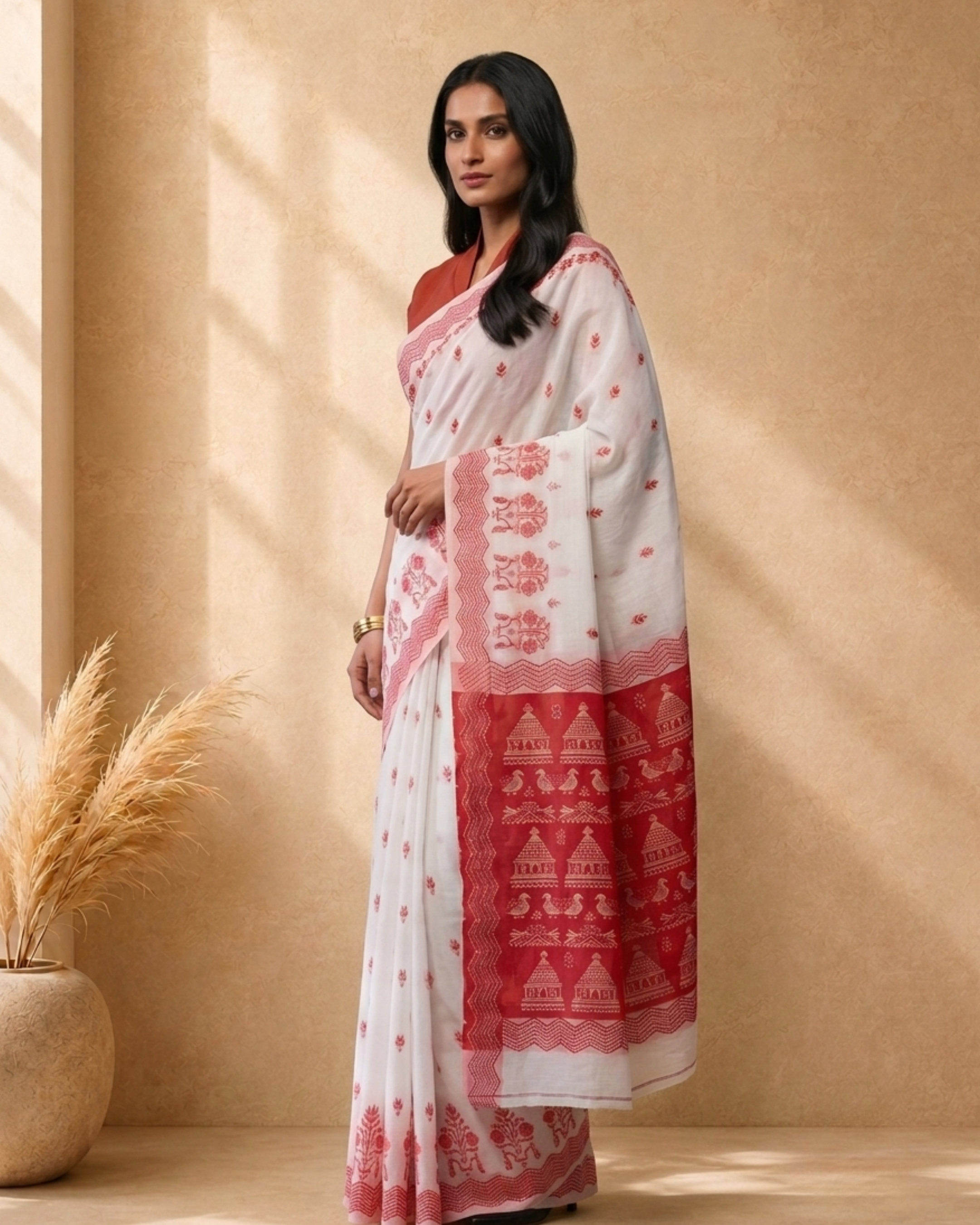 White Pure Cotton Ethnic Woven Design Saree with Woven Design