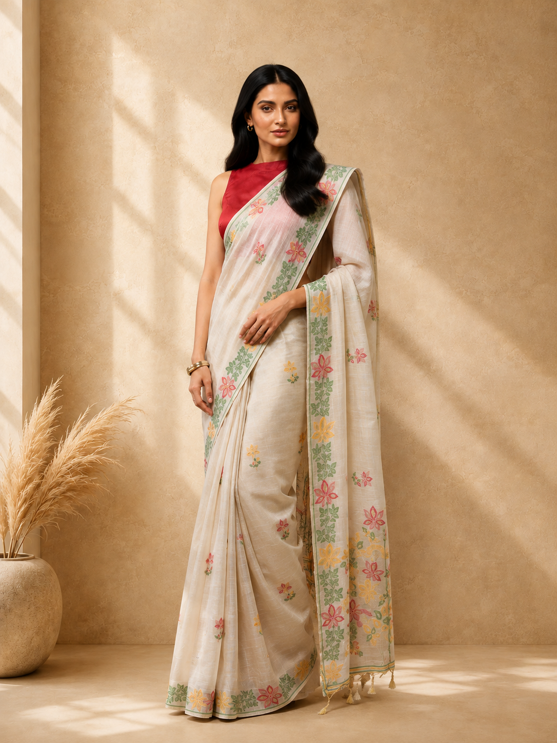 Off White Cotton Blend Floral Embroidered Saree with Embroidered