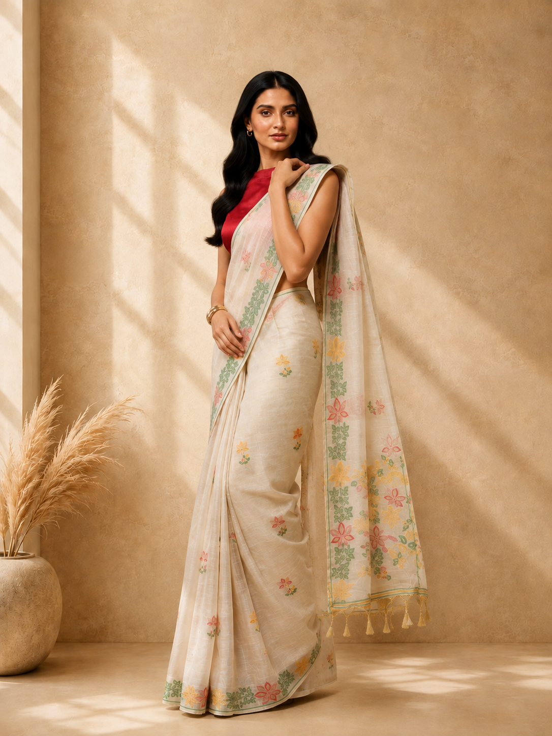 Off White Cotton Blend Floral Embroidered Saree with Embroidered