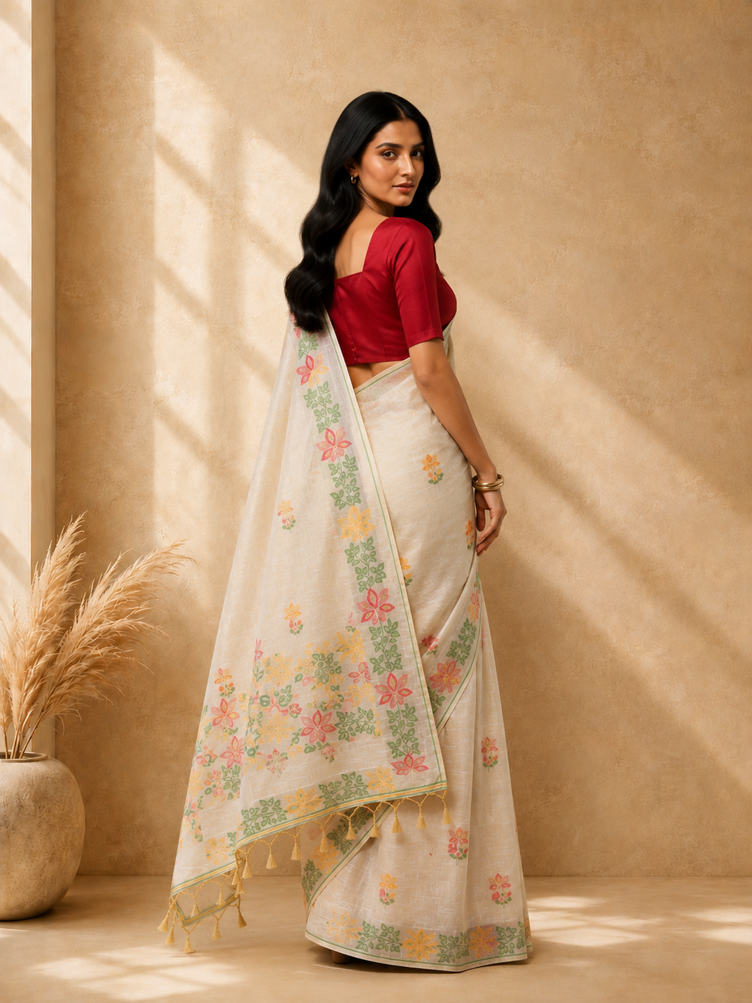 Off White Cotton Blend Floral Embroidered Saree with Embroidered