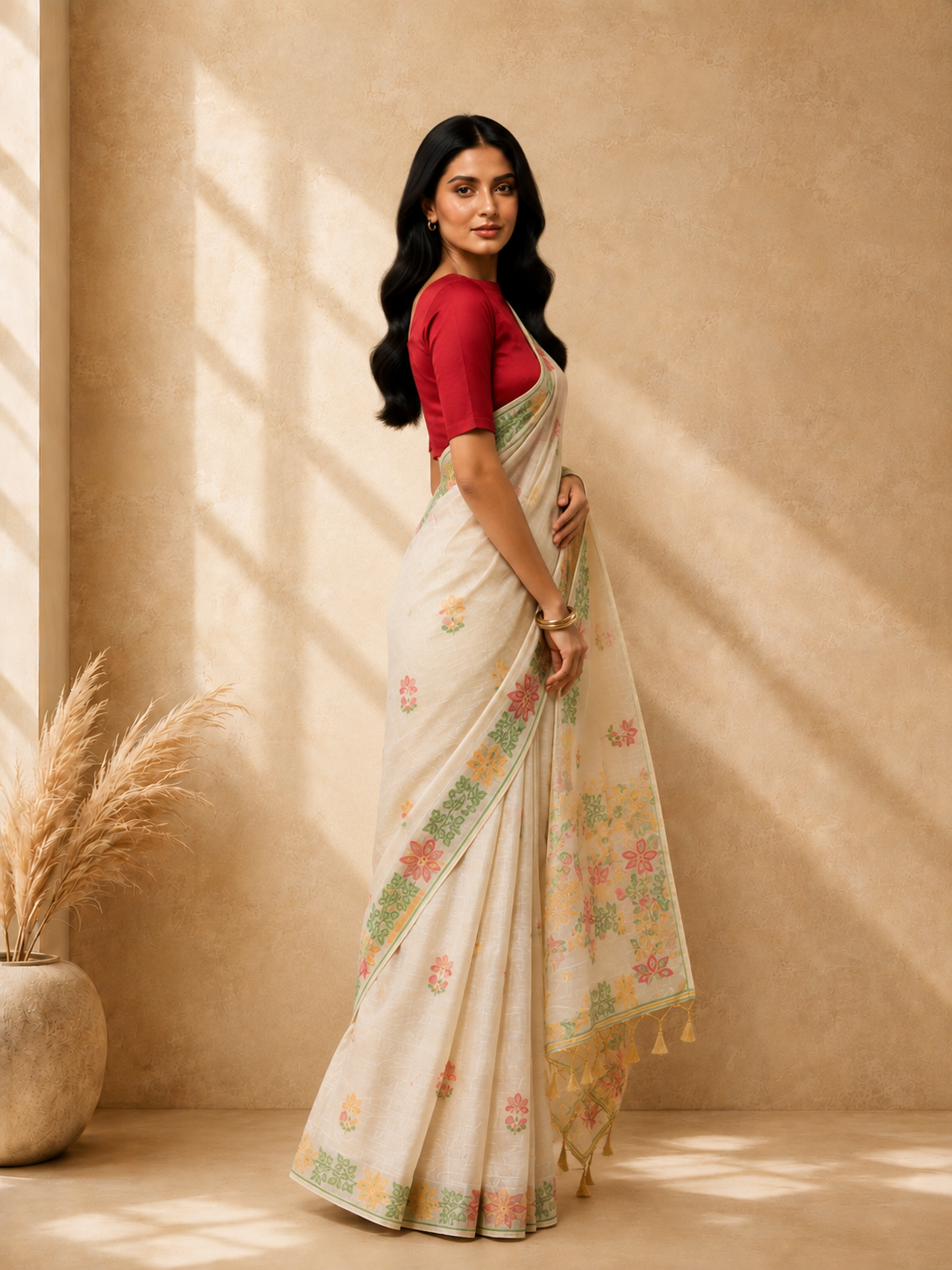 Off White Cotton Blend Floral Embroidered Saree with Embroidered