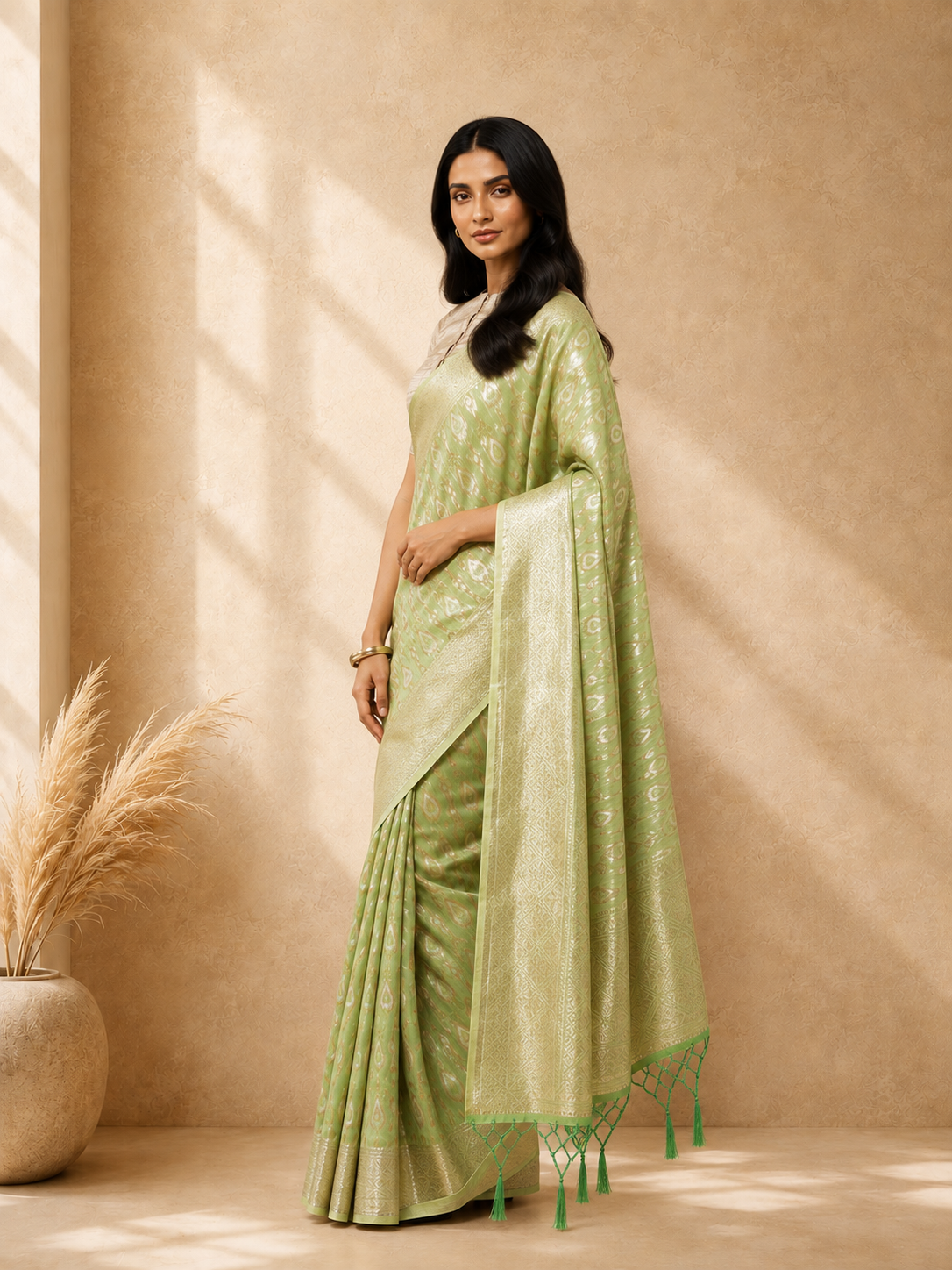 Green Pure Cotton Geometric Woven Design Saree with Woven Design