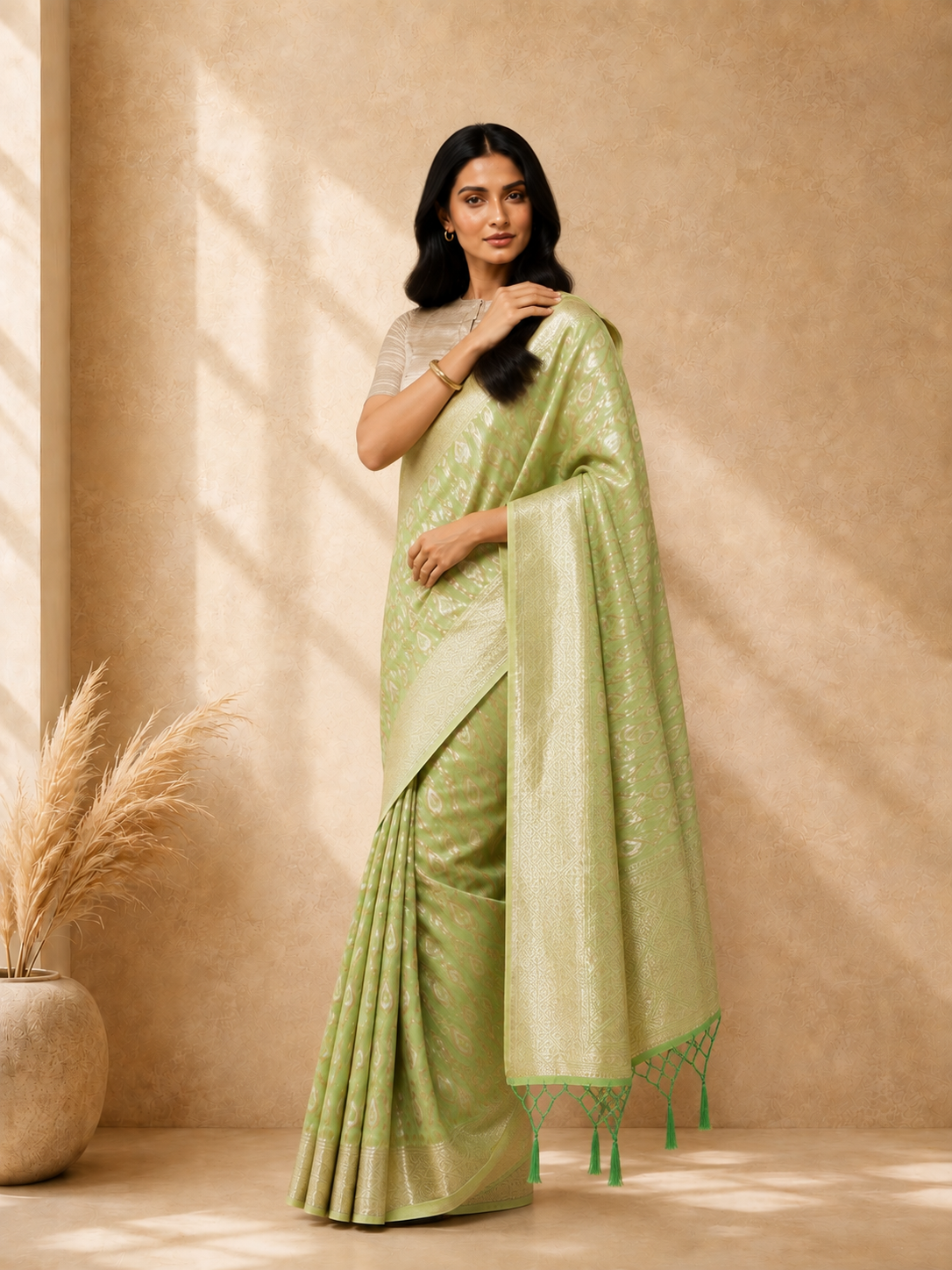 Green Pure Cotton Geometric Woven Design Saree with Woven Design