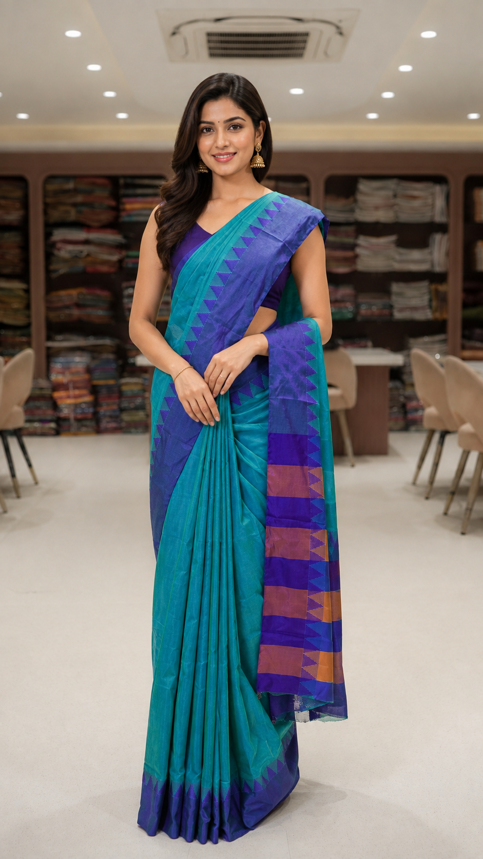 Brown Cotton Ilkal Saree with Contrast Temple Border