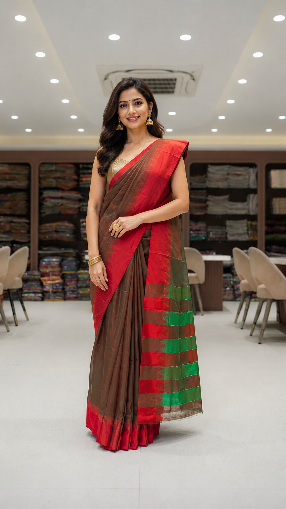 Brown Cotton Ilkal Saree with Contrast Temple Border