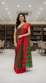 Brown Cotton Ilkal Saree with Contrast Temple Border