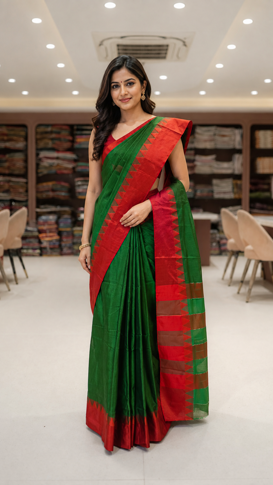 Brown Cotton Ilkal Saree with Contrast Temple Border