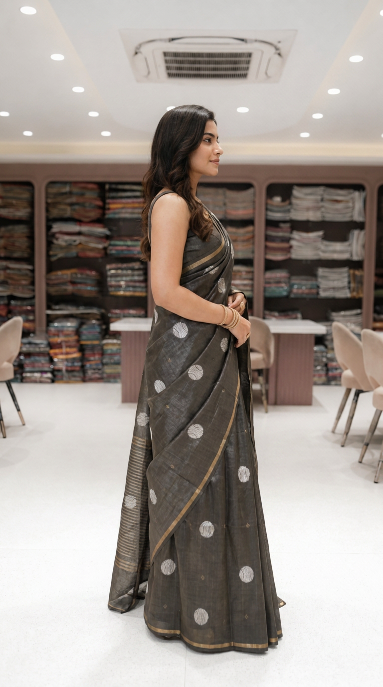 Grey Circular Threadwork Design Handloom Saree