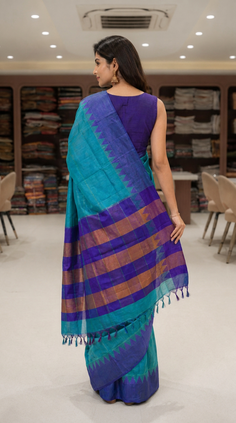 Brown Cotton Ilkal Saree with Contrast Temple Border