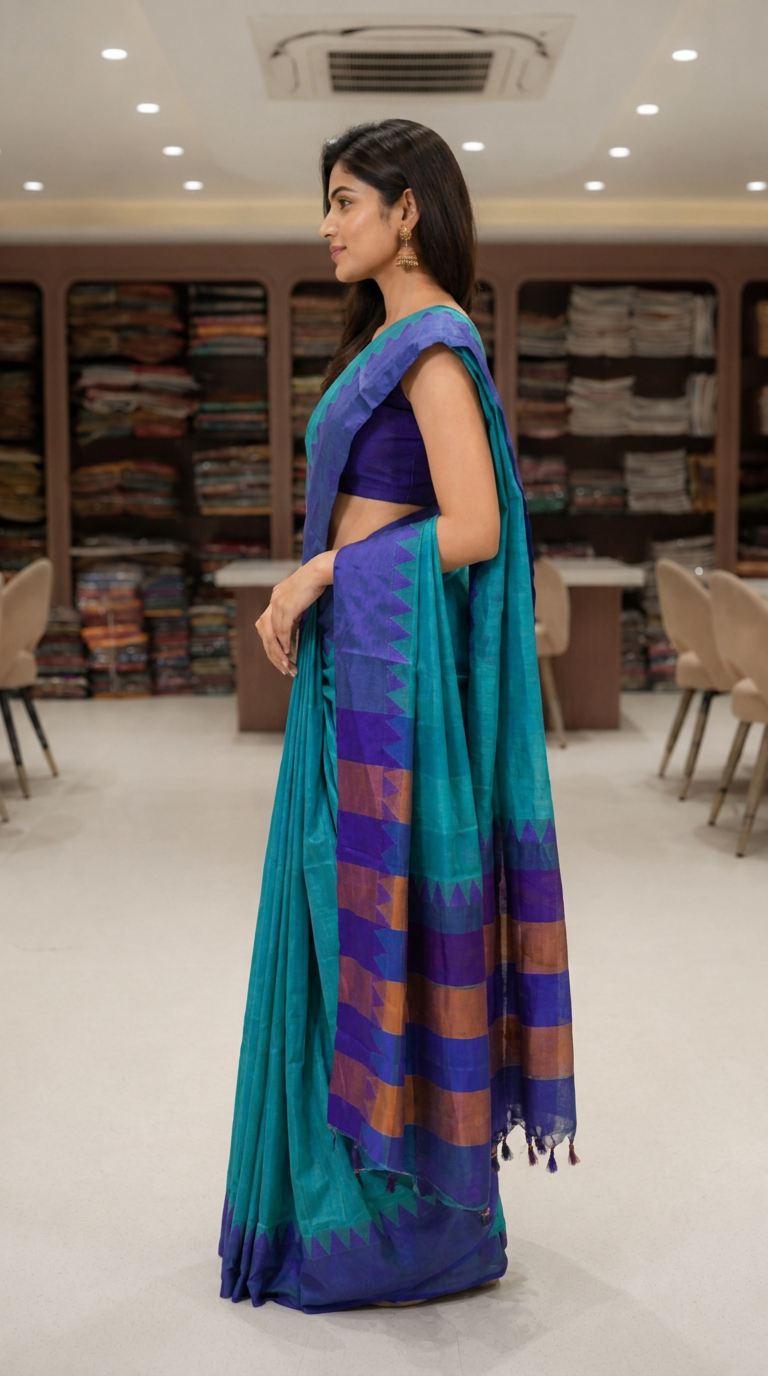 Brown Cotton Ilkal Saree with Contrast Temple Border