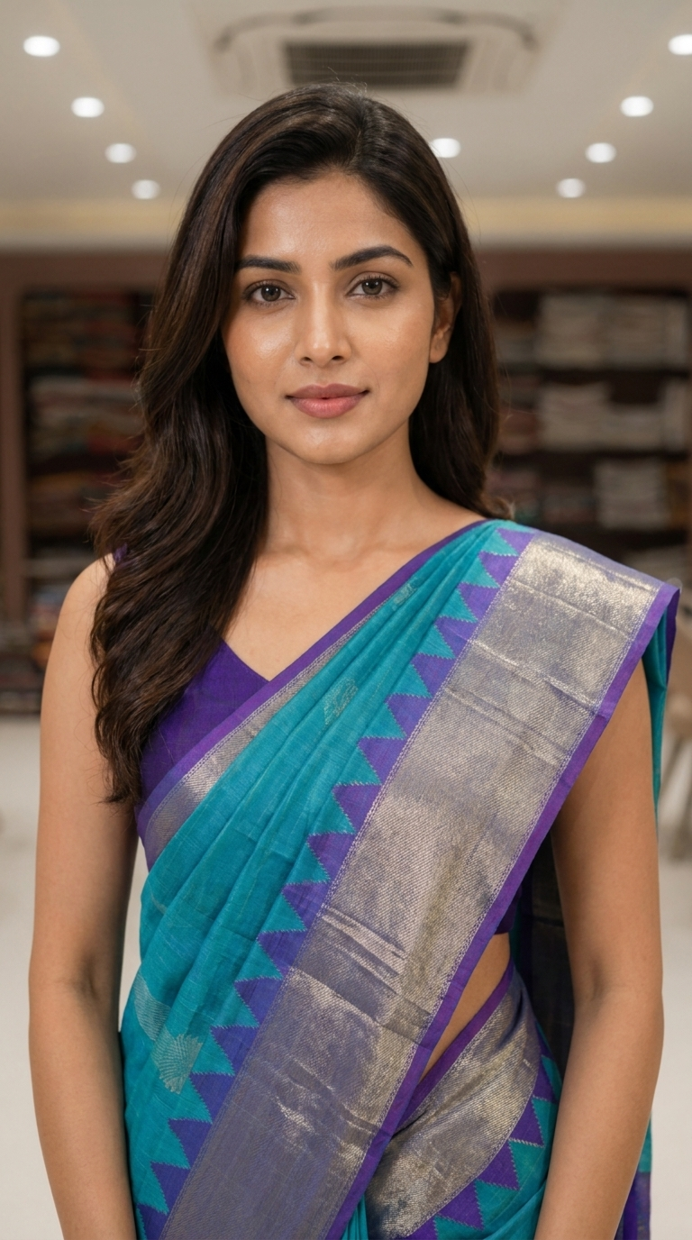 Brown Cotton Ilkal Saree with Contrast Temple Border