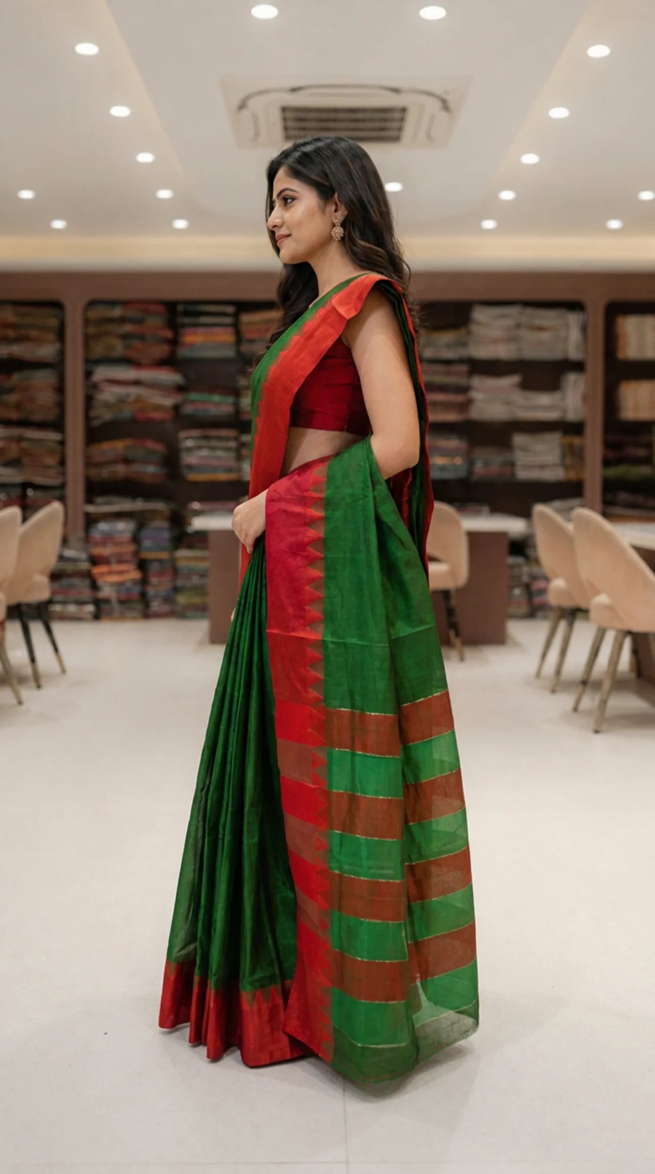 Brown Cotton Ilkal Saree with Contrast Temple Border